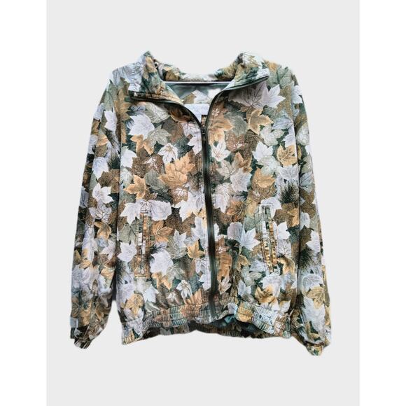 Vintage Casual Corner Women's Bomber Jacket Size M Silk Zip Up Leaf Fall Print - Picture 1 of 6